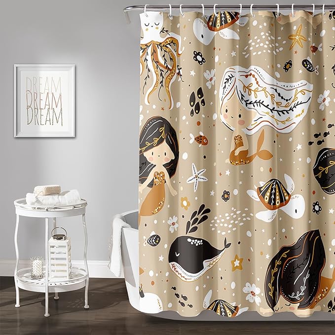 AILONEN Mermaid Shower Curtain,Octopus Whale Retro Mermaid Bath Curtain,Ocean Beach Polyester Waterproof for Bathroom,48" W*72" H with 12 Plastic Hooks