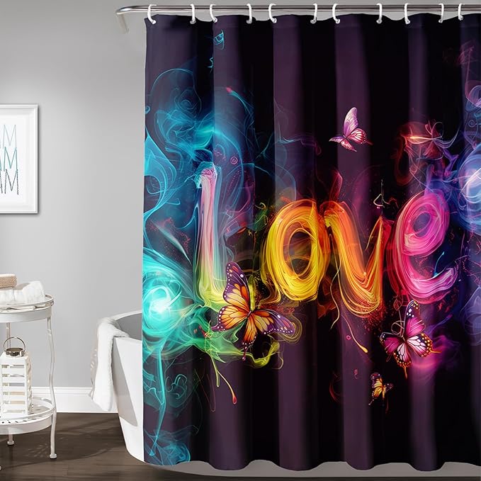AILONEN Love Theme Shower Curtain for Bathroom,Romantic Smoky Butterfly Bath Curtain,Gradient Love Shabby Chic Print Black Shower Curtain with 12 Plastic Hooks,Waterproof 48" W*72" H