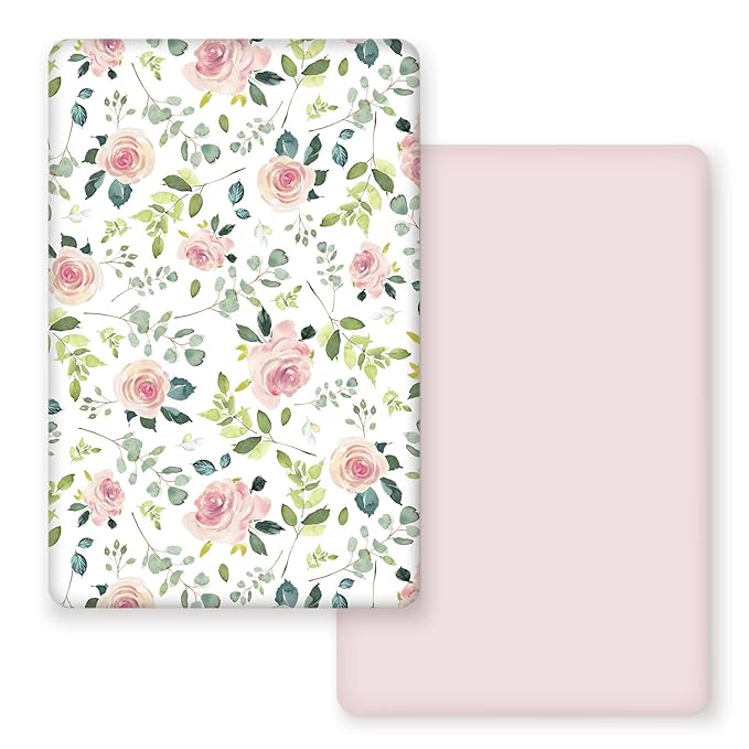 GRSSDER Stretchy Ultra Soft Jersey Knit Fitted Pack n Play Sheets Set 2 Pack, Portable/Mini Crib Sheets, Snug and Safe Playards Sheet for Baby, Pink Rose Stylish Print