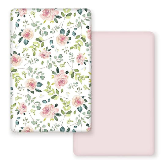 GRSSDER Stretchy Ultra Soft Jersey Knit Fitted Pack n Play Sheets Set 2 Pack, Portable/Mini Crib Sheets, Snug and Safe Playards Sheet for Baby, Pink Rose Stylish Print