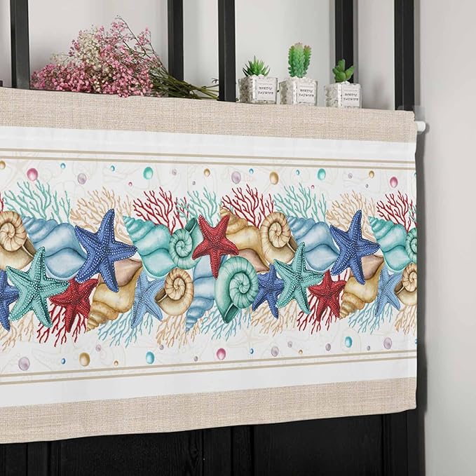 Coastal Beach Kitchen Curtains Valances for Windows Nautical Ocean Seashell Coral Starfish Rod Pocket Window Treatment for Kitchen /Living Room/Bedroom/ Bathroom, 60" X 18", Brown Aqua Summer