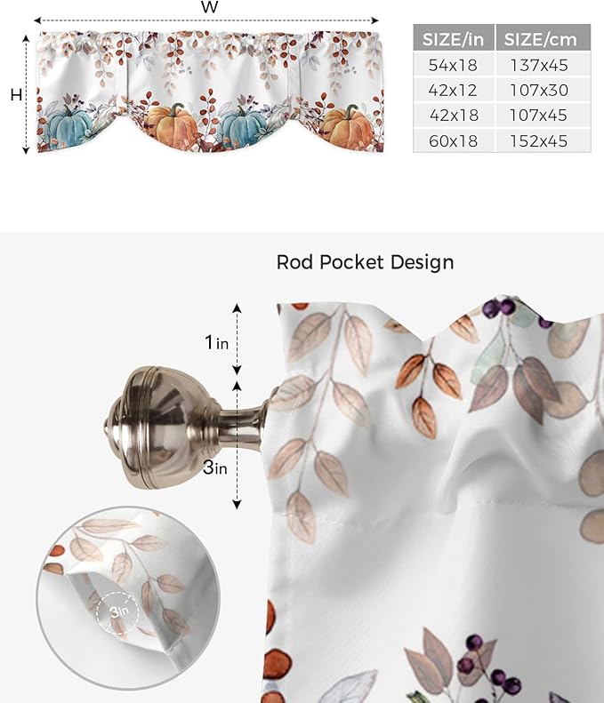 Fall Thanksgiving Blackout Tie Up Valance Curtains for Kitchen Windows Watercolor Autumn Pumpkins Eucalyptus Leaves Window Toppers Balloon Shades for Living Room/Bathroom/Bedroom,42" X 18",Blue Orange