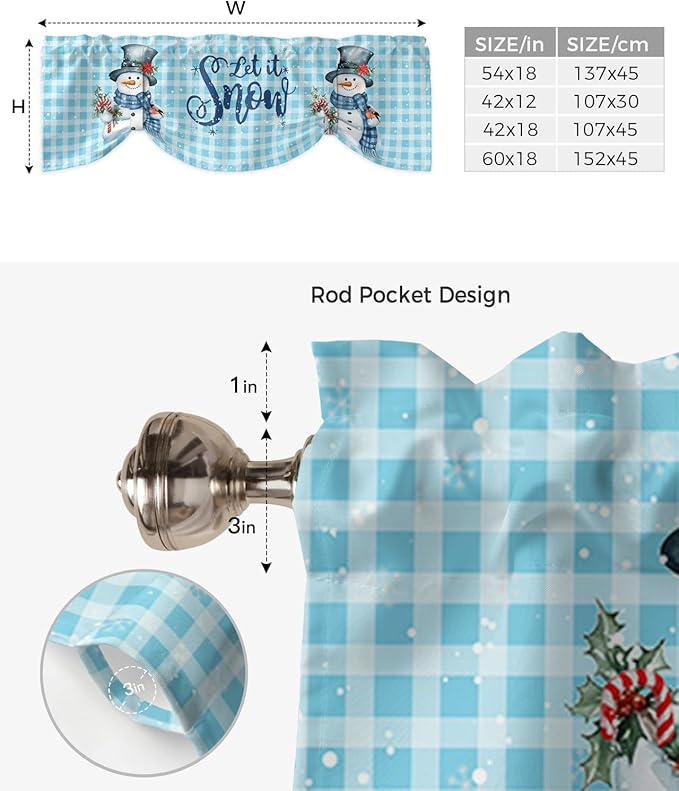 Snowman Christmas Blackout Tie Up Valance Curtains for Kitchen Windows Let It Snow Winter Holiday Window Toppers Balloon Shades for Living Room/Bath/Bedroom,1 Panel, 54" X 18",Blue White Buffalo Plaid