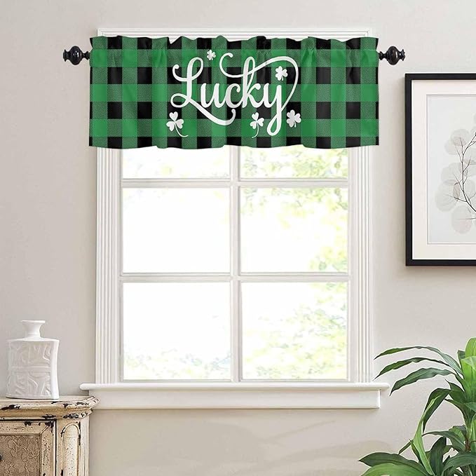 St. Patrick's Day Buffalo Plaid Kitchen Curtains and Valances Set, Lucky Shamrocks Clover Window Tiers Rustic Green Black Half/Short Curtains for Small Windows Cafe /Living Room/ Bedroom 54x24 in