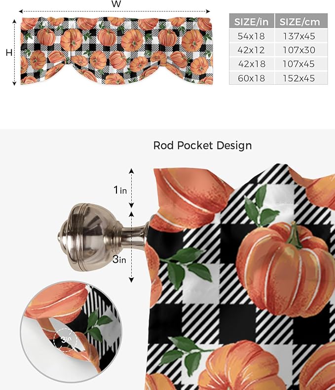Fall Blackout Tie Up Valance Curtains for Kitchen Windows Thanksgiving Halloween Pumpkins Window Toppers Balloon Shades for Living Room/Bathroom/Bedroom,54" X 18" Farmhouse Black White Buffalo Plaid