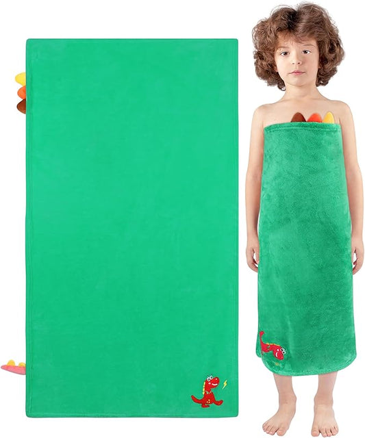 Kids Beach Towels Cute 3D Embroidery Dinosaur Super Absorbent Warm Coral Fleece Blanket Pool Bath Towel Wrap for Boys Girls, Measures 53.5 x 29.3 Inches