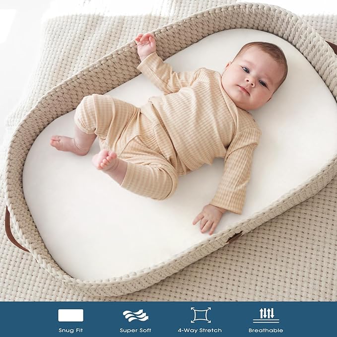 GRSSDER Stretchy Ultra Soft Fitted Bassinet Sheet 2 Pack, Universal Fit for Bassinets Baby Cradle Moses Basket Oval Rectangle Mattress Safe and Snug, Jersey Bassinet Sheets for Girls, White