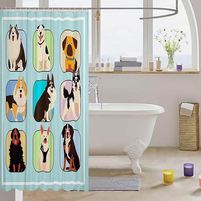 Feelyou Dog Shower Curtain Cartoon Dog Bath Curtain for Kids Toddler Boys Girls Cute Dog Bathroom Shower Curtain Set Sausage Dog Kids Bathroom Accessories 72"x72"