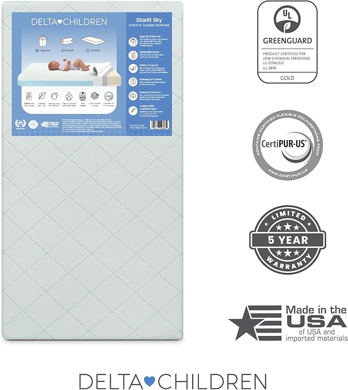 Delta Children Starlit Sky 2-Stage Crib and Toddler Mattress – GREENGUARD Gold Certified, CertiPUR-US Certified Foam, Breathable Machine Washable Cover, Waterproof Barrier, Made in USA, Blue