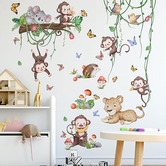 Safari Monkey Climbing Tree Wall Stickers Jungle Animals Vine Leaves Wall Stickers Vinyl Sloth Leopard Butterfly Plants Mural Art Decor for Kids Baby Nursery Bedroom Living Room Sofa TV Wall