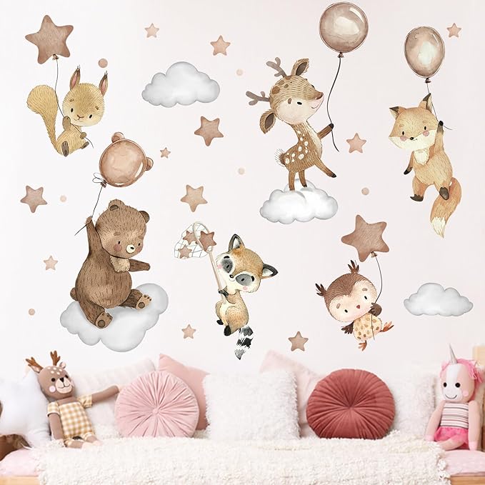 Mfault Jungle Baby Animals Wall Decals Stickers, Woodland Bear Deer Owl Fox Squirrel Raccoon Nursery Decorations Boys Girls Bedroom Art, Cloud Stars Balloon Neutral Toddlers Kids Room Playroom Decor