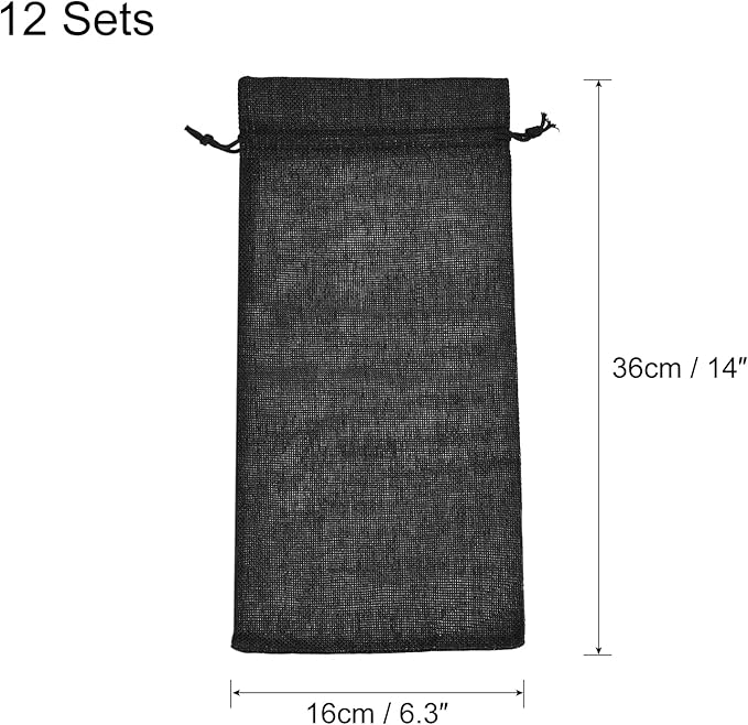 uxcell Burlap Wine Bags with Drawstrings, 12Pcs Wine Gift Bags Reusable Wine Bottle Bags with Ropes and Tags for Wedding, Birthday, Travel (14 x 6.3 In, Black)