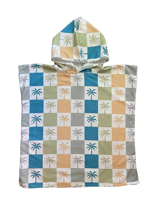 Kids Hooded Towel Poncho - Kids Beach Poncho - Kids Surf Poncho - Kids Pool Towel - Kids Beach Towel - Swim Coverup for Kids - Kids Beach Towel Poncho (Multicolor Checkered Palm Trees)
