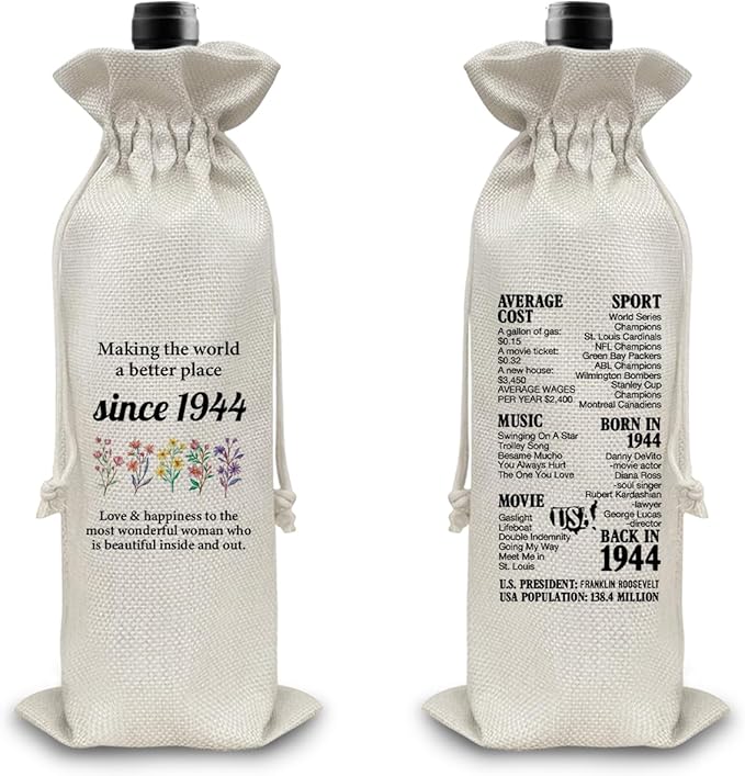 80th Birthday Gifts Wine Bag Congratulations Gifts for Women Men Parents Mom Dad Anniversary 1944 with Time Information Wine Gift Bag