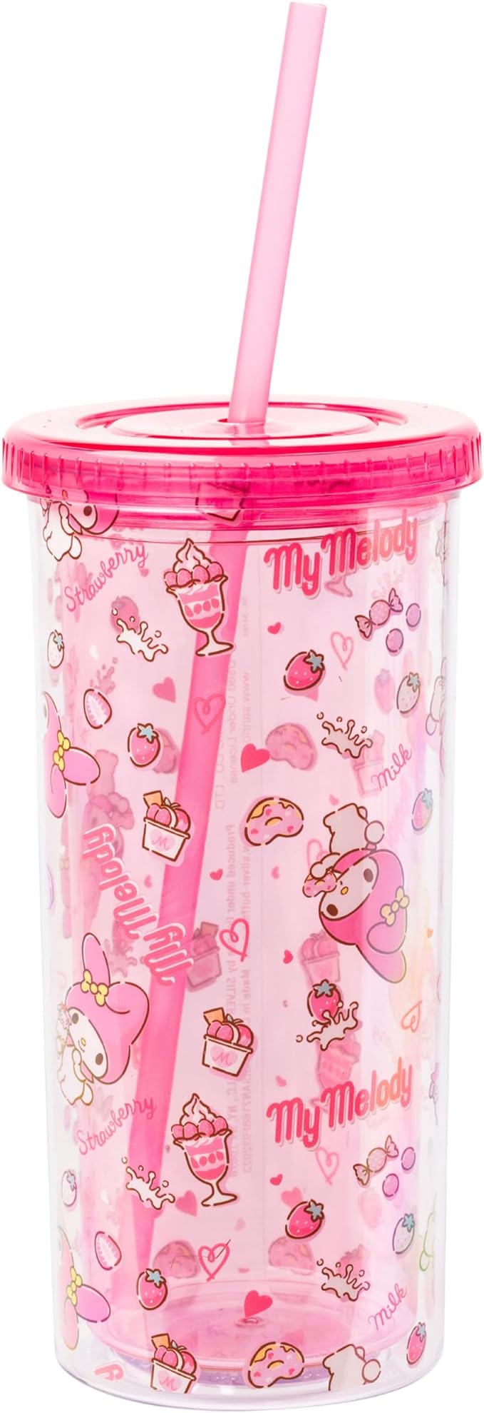 Silver Buffalo Sanrio Hello Kitty and Friends My Melody Strawberry Donut and Milkshake Pattern Plastic Cold Cup with Lid and Straw, 20 Ounces