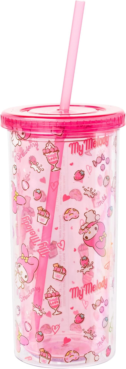 Silver Buffalo Sanrio Hello Kitty and Friends My Melody Strawberry Donut and Milkshake Pattern Plastic Cold Cup with Lid and Straw, 20 Ounces
