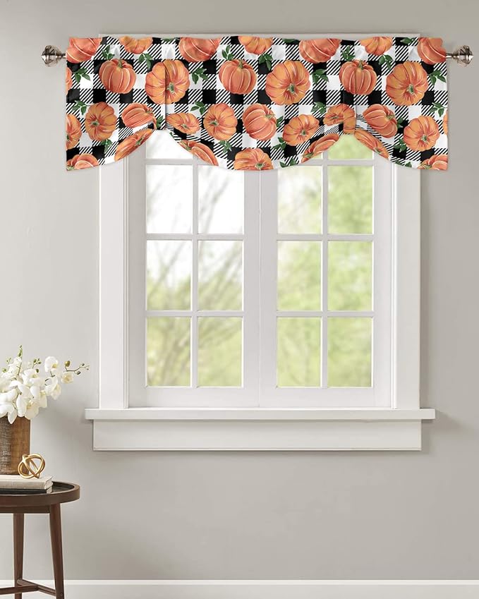 Fall Blackout Tie Up Valance Curtains for Kitchen Windows Thanksgiving Halloween Pumpkins Window Toppers Balloon Shades for Living Room/Bathroom/Bedroom,42" X 12" Farmhouse Black White Buffalo Plaid