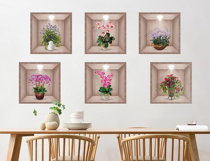 DTLIFEK 3D Green Plants Wall Decals 3D Flowers Vase Wall Sticker Green Pot Plants Wall Decor Colorful Floral Blossom Botanical Wall Panels Removable Peel and Stick Wallpaper for Bedroom Kitchen 39090