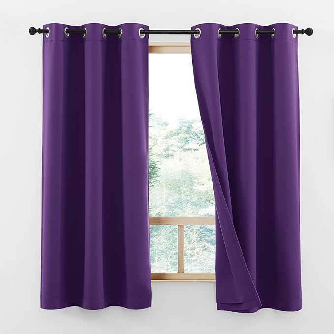 NICETOWN Room Warming 100% Blackout Curtain Panels, Same Color Liner Curtains for Kitchen Room, Noise Reducing and Cold Blocking Drapes for Windows (Set of 2, Royal Purple, 42" Wide by 63" Long)