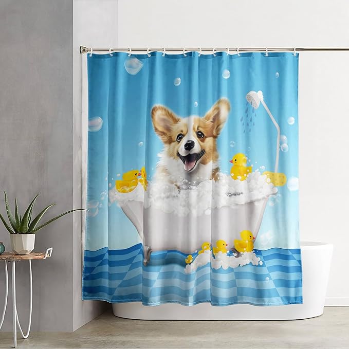 AILONEN 3D Bathtub Dog Shower Curtain for Kids 48" W*72" H Kawaii Shower Puppy and Bathtub Yellow Duck Shower Curtain,Polyester Waterproof Fabric Decor for Bathroom Bathtub Panels