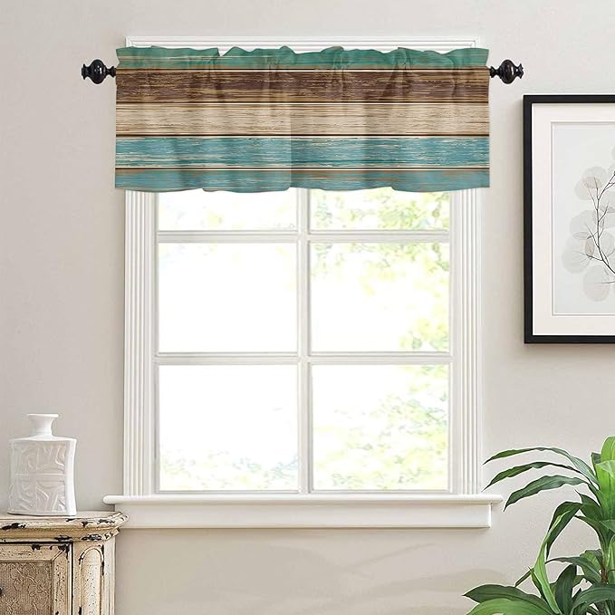 Rustic Farmhouse Valances Curtains for Kitchen Windows, Retro Wood Rod Pocket Curtain Toppers Teal Green Brown Country Short Curtains Treatments for Bedroom/Living Room/Bathroom,54" X 18"-1 Panel