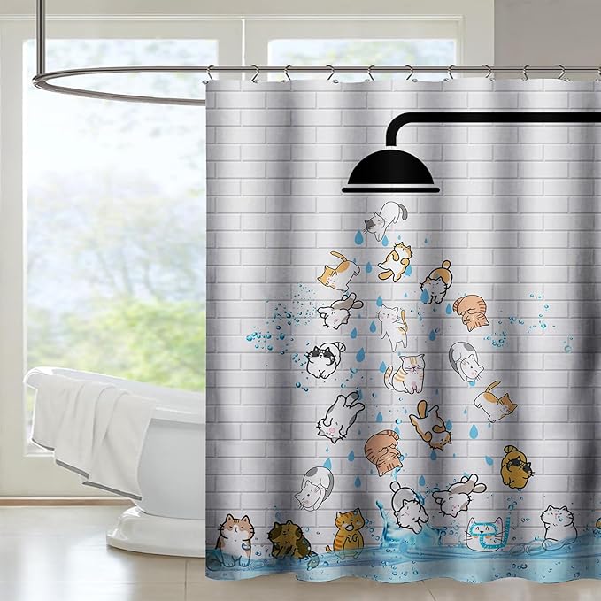 AILONEN Cute Cat Shower Curtain for Kids 48" W*72" H Inch,Colorful Animals Playing Water Kids Lovely Funny Hilarious Shower Curtain,12 Pack Hooks Polyester Waterproof Fabric Decor for Bathroom