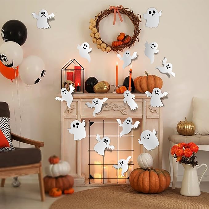 Halloween Wall Stickers 21Pcs Ghost Wall Decor 3D Self Adhesive Halloween Wall Decals Cute White Ghost Wall Decorations Reusable Window Stickers for Halloween Party Home Room Art DIY Accessories