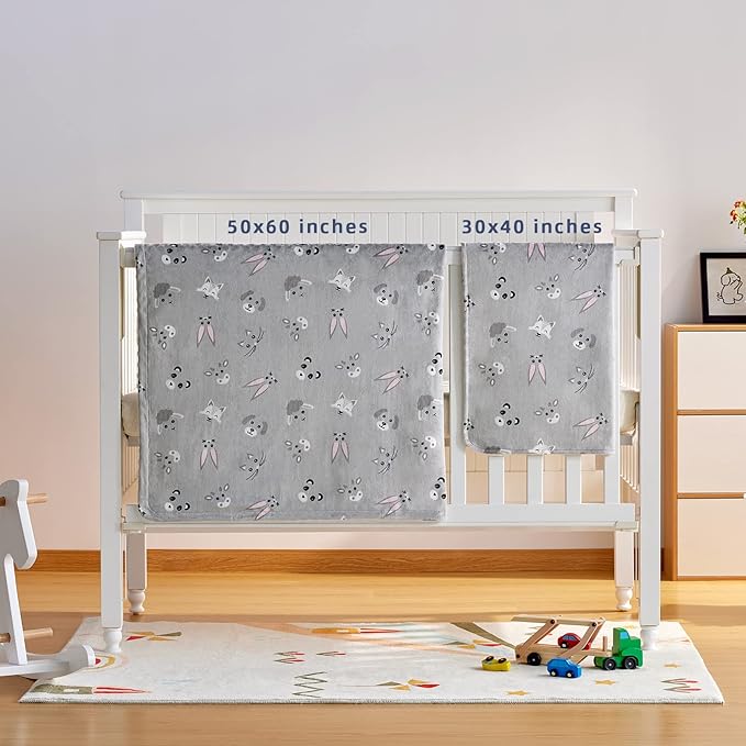 DaysU Silky Micro Soft Plush Baby Blankets Unisex with Print Animal Pattern and Soothing Raised Dots, Double Layer Bed Throws for Baby Crib, Animal Faces, Grey, 30x40 Inches