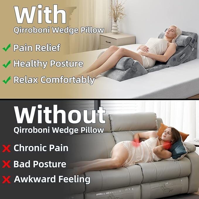 Qirroboni 6PCS Orthopedic Bed Wedge Pillow Set, Adjustable Pillows for Neck, Back and Leg Pain Relief Comfortable & Post Surgery Foam - Heartburn, Anti Snoring, Acid Reflux & GERD Sleeping Grey