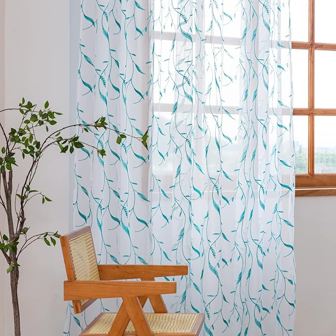 Windows Sheer Curtains Embroider Green Leaf 72 Inches Length 2 Panels Voile Light Filtering Sheer Curtains Panel Basic Rod Pocket for Bedroom Living Room Children Room