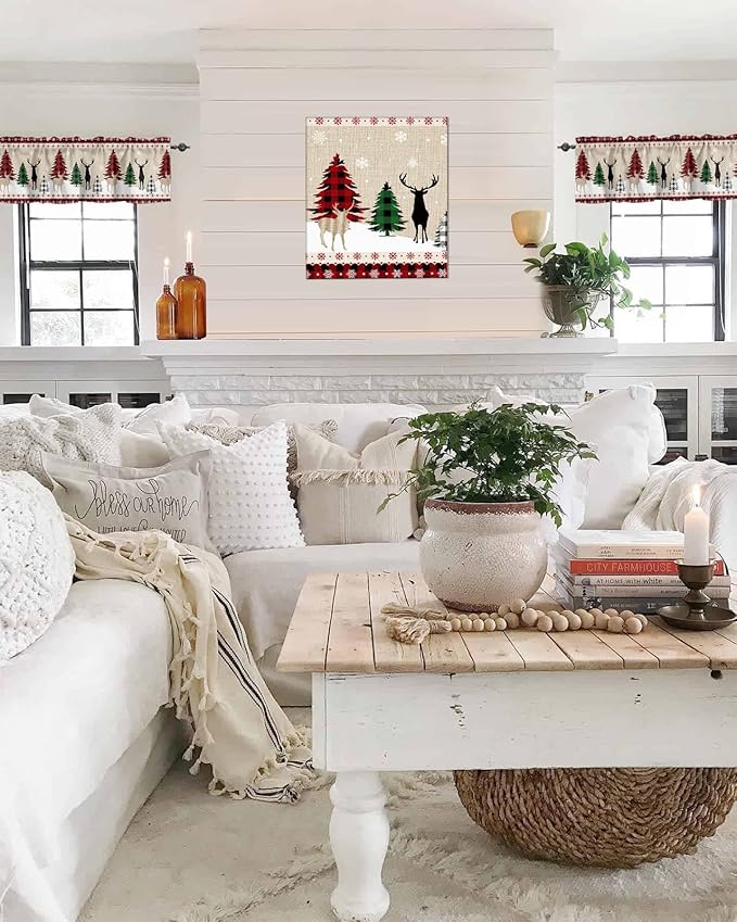 Farmhouse Christmas Kitchen Curtains Valances for Windows Rustic Plaid Christmas Tree Snowflakes Rod Pocket Short Curtain for Kitchen /Living Room/Bedroom/ Bathroom,42" X 18" -1 Panel, Red Green Black