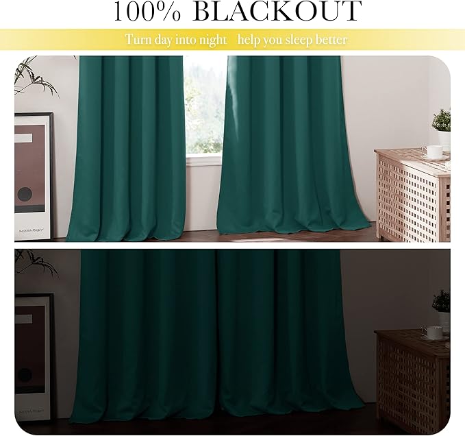 NICETOWN 100% Blackout Curtains with Same Color Liners, Thermal Insulated 2-Layer Lined Drapes, Room Warming Small Window Draperies for Bathroom (Emerald Green, 2 Panels, 52 inches W by 54 inches L)