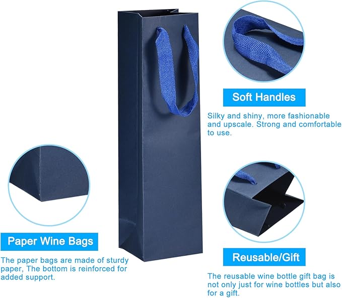 uxcell Wine Bags, 24pcs Dark Blue 4 x 4 x 14 In Wine Gift Bags with Handles Paper Wine Tote Bag for Wedding Birthday Christmas Party Supplies
