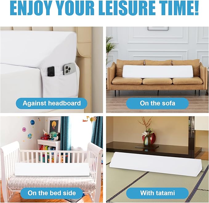 Queen Bed Wedge Pillow for Headboard, Foam Pillow Wedge for Headboard Gap, Mattress Bed Gap Filler Queen Triangle Pillow Wedge, Anti-slip Bed Crack Pillow Space Filler Queen (60"×10"×6") White