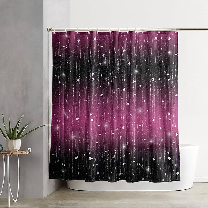 AILONEN White Star Shower Curtain,Dreamy Starry Sky Bathroom Fabric Shower Curtain for Girls Boys Kids Teens, 72" W*96" H Black and Purple Theme Bathroom Decor