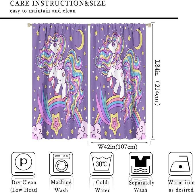 Unicorn Curtains Fantasy Star Moon Cartoon Theme Curtains Cute White Unicorn Rainbow Design Printed Curtains Boys Girls Room Curtains 84x84 Inch 2 Panels
