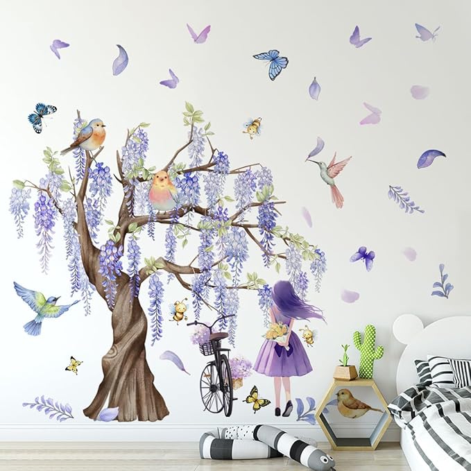 GGCC 7 FLAG Purple Theme Wall Stickers Set - Stylish Home Decor with Tree, Bird, Butterflies, and Flowers