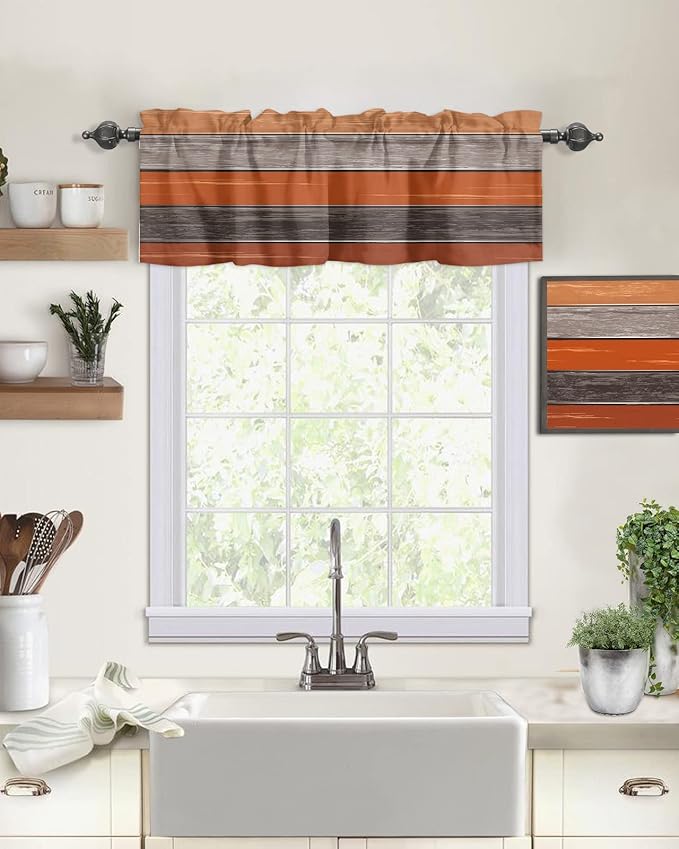 Farmhouse Kitchen Curtains Thanksgiving Fall Valances for Windows Burnt Orange Gray Rod Pocket Country Window Treatment for Kitchen /Living Room/Bedroom/ Bath,60" X 18" -1 Panel, Rustic Wood Texture