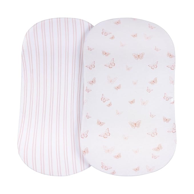 Ely's & Co. Fitted Bassinet Sheet 100% Jersey Cotton 2 Pack for Baby Girl - Pink Butterflies + Stripes