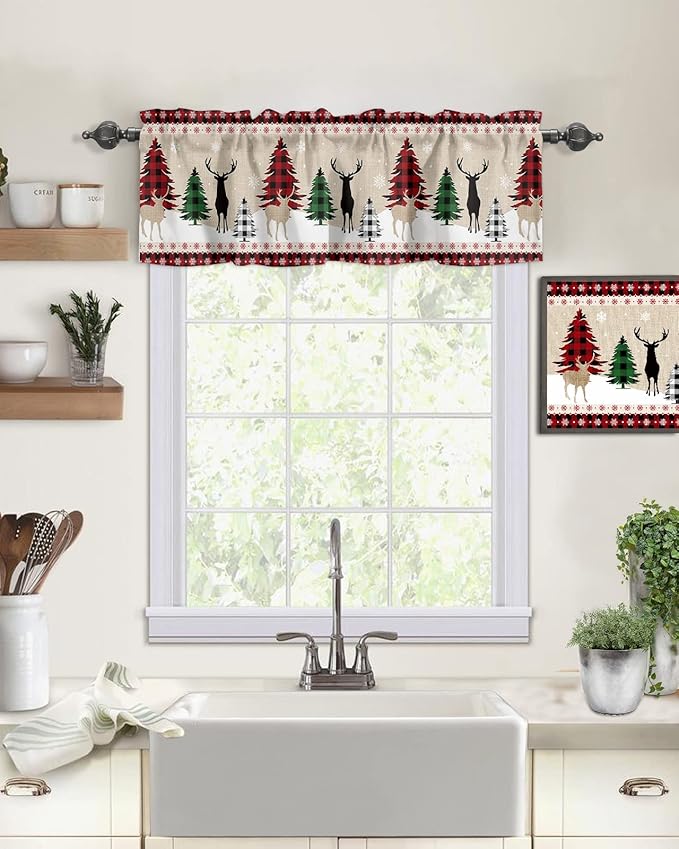 Farmhouse Christmas Kitchen Curtains Valances for Windows Rustic Plaid Christmas Tree Snowflakes Rod Pocket Short Curtain for Kitchen /Living Room/Bedroom/ Bathroom,60" X 18" -1 Panel, Red Green Black