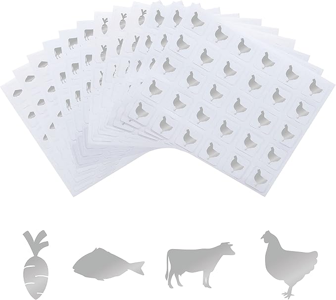 OLYCRAFT 1200pcs 4 Styles Silver Meal Stickers 1 Inch Food Choice Sticker Cow/Chicken/Fish/Carrot Wedding Meal Indicator Stickers Kitchen Stickers Meal Stickers for Place Card Wedding Party Supplies