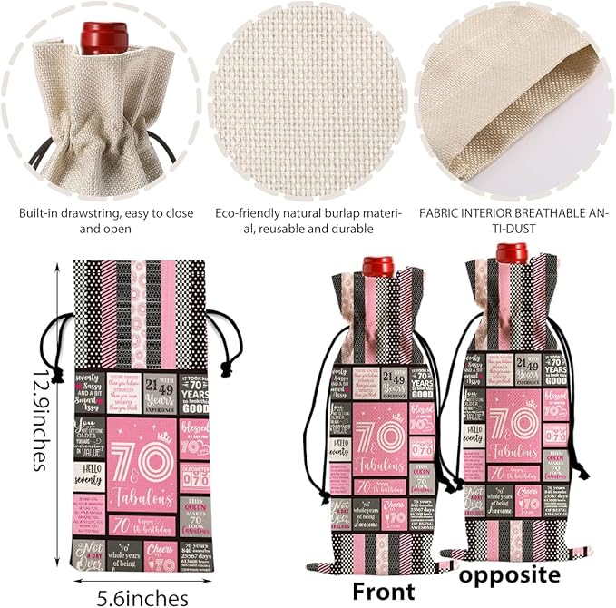 Funny 70th Birthday Gifts for Women Men Wine Bag, Happy Anniversary 70th Birthday Party Decorations for Women Man Wine Bags, Birthday Gifts for 70 Year Old Woman Wine Bottle Bag