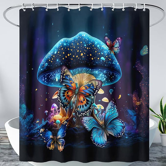 AILONEN Beautiful Butterfly Shower Curtain Bathroom 48" W*72" H Sparkly Blue Butterflies Curtain Cloth Fabric Bathroom for Girls Kids,Magic Mushroom Shower Curtain Set