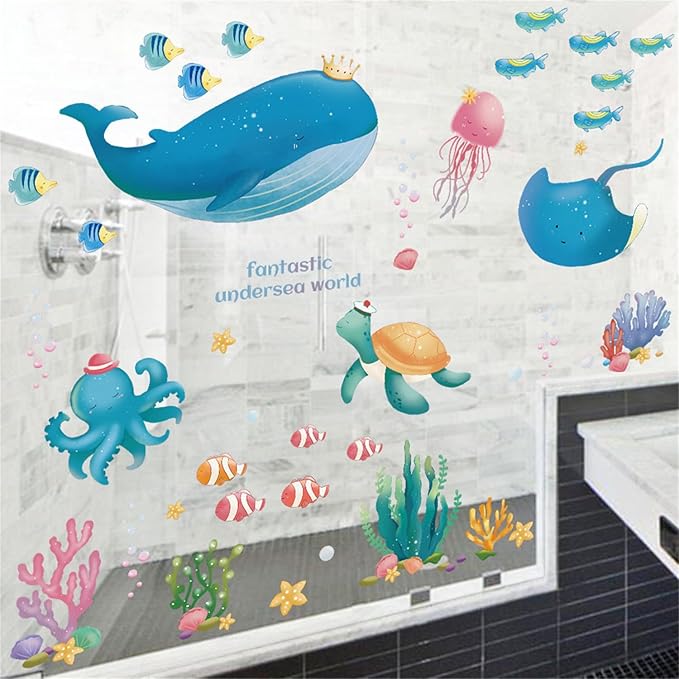Colorful Ocean Life Wall Sticker Sea Creatures Wall Stickers Under The Sea Fish Jellyfish Removable Wall Decor Peel and Stick Underwater Sea Decor for Kid Baby Bathroom Bedroom Living Room (Style2)