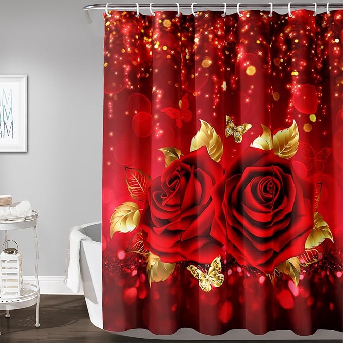 AILONEN Red Rose Shower Curtain for Bathroom,Romantic Rose Flower Waterproof Bath Curtain,Girls Women Curtain Bathroom Decor 72" W x 72" H with 12 Plastic Hooks