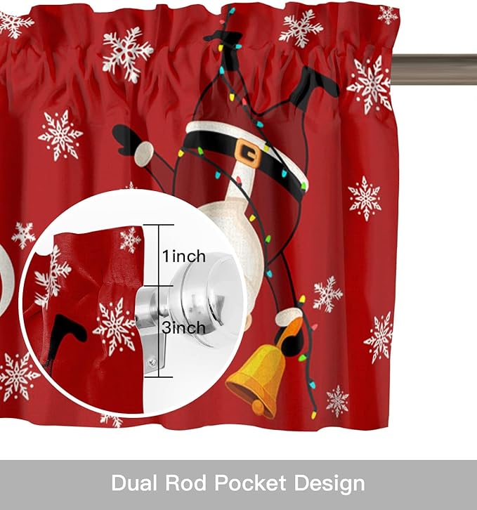 Red Merry Christmas Valance Curtains for Kitchen Windows Funny Hanging Santa Rod Pocket Window Treatment Toppers for Kitchen/Living Room/Bedroom/Bathroom, 42" X 12", Snow Winter Holiday
