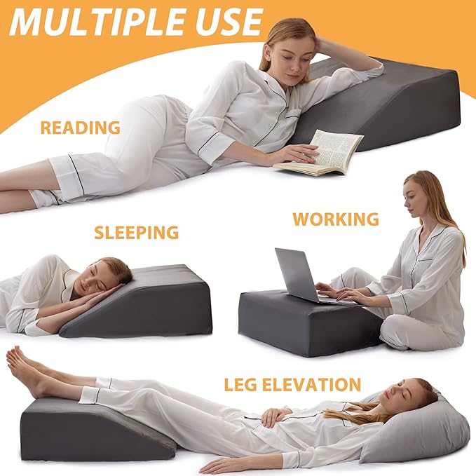 Leg Elevation Pillows, Leg Pillows for Sleeping, Cooling Gel Memory Foam Top, Wedge Pillow for Legs, Leg Wedges for Circulation, Swelling, After Surgery - Removable Cover (6 Inch, Grey)