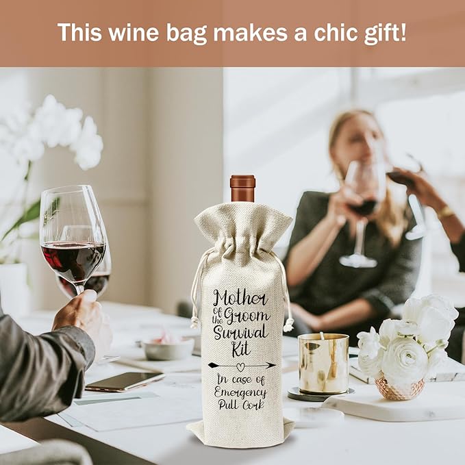 Mother of Groom Wine Gift Bags, Mother of Groom Gifts for Groom's Mother Mother-in-law, 1pcs Reusable Burlap Drawstring Wine Gift Bags for Wine Bottles, Wedding Engagement Holiday Party Favor -14