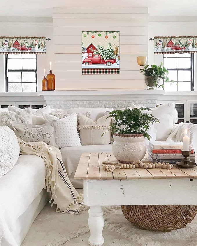 Vandarllin Christmas Farmhouse Kitchen Curtains Valances for Windows Snowman Farm Red Truck Rod Pocket Window Treatment for Kitchen/Living Room/Bedroom/Bathroom,42" X 12" -1 Panel, Winter Holiday