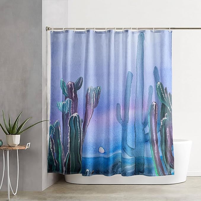 AILONEN Watercolor Cactus Shower Curtain,Blue-Purple Dreamy Theme Bathroom Fabric Shower Curtain for Boys Kids Teens, 72" W*96" H Night Cactus Forest Bathroom Decor